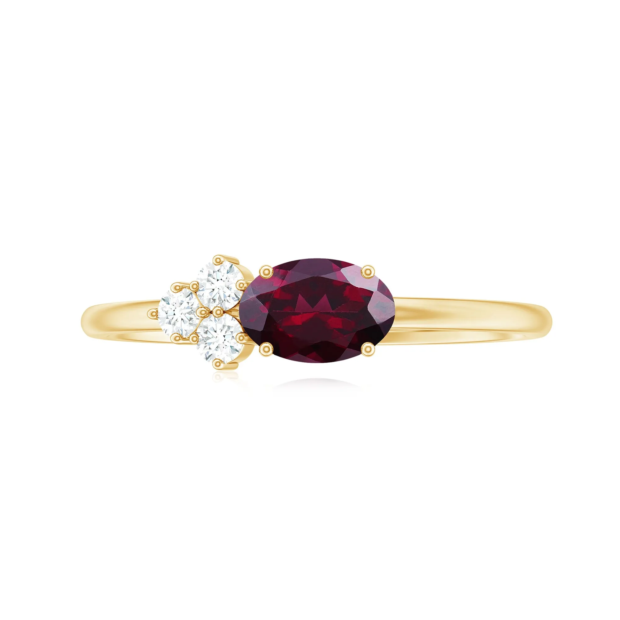 1.25 CT Oval Rhodolite Minimal East West Ring with Diamond Trio