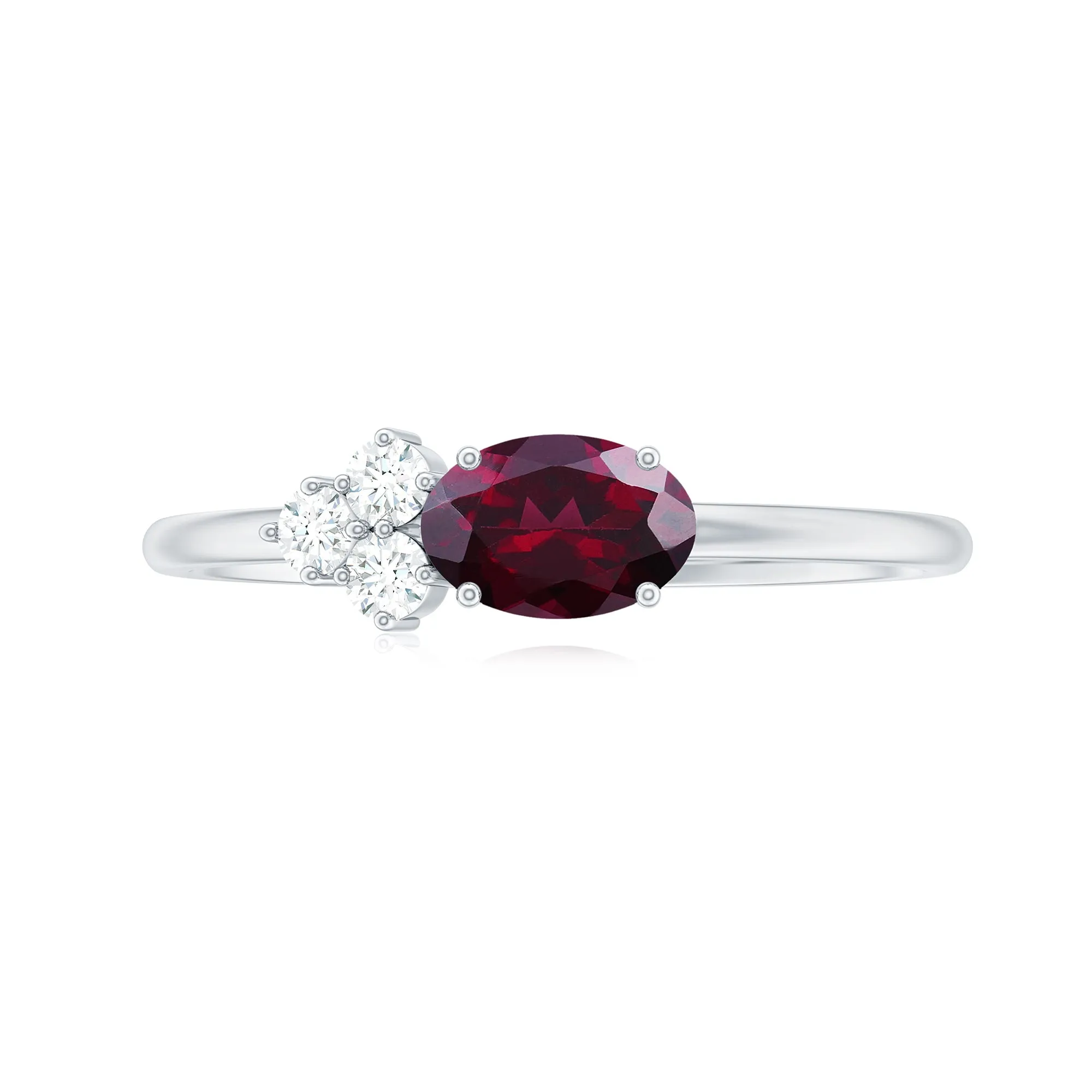 1.25 CT Oval Rhodolite Minimal East West Ring with Diamond Trio