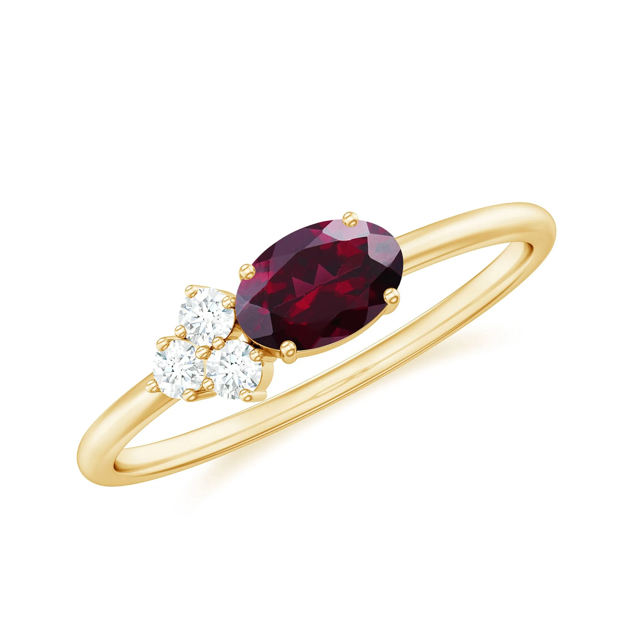 1.25 CT Oval Rhodolite Minimal East West Ring with Diamond Trio