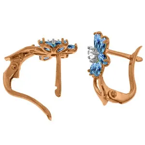 14K Solid Rose Gold Diamond & Blue Topaz Real Earrings