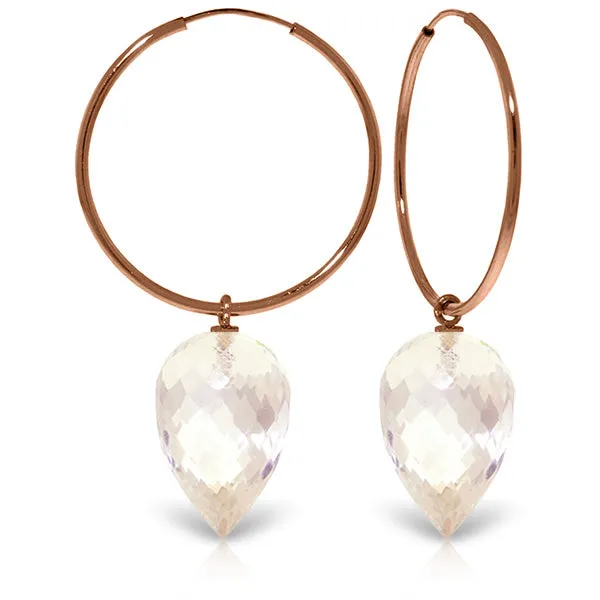 14K Solid Rose Gold Hoop Earrings w/ Pointy Briolette Drop White Topaz