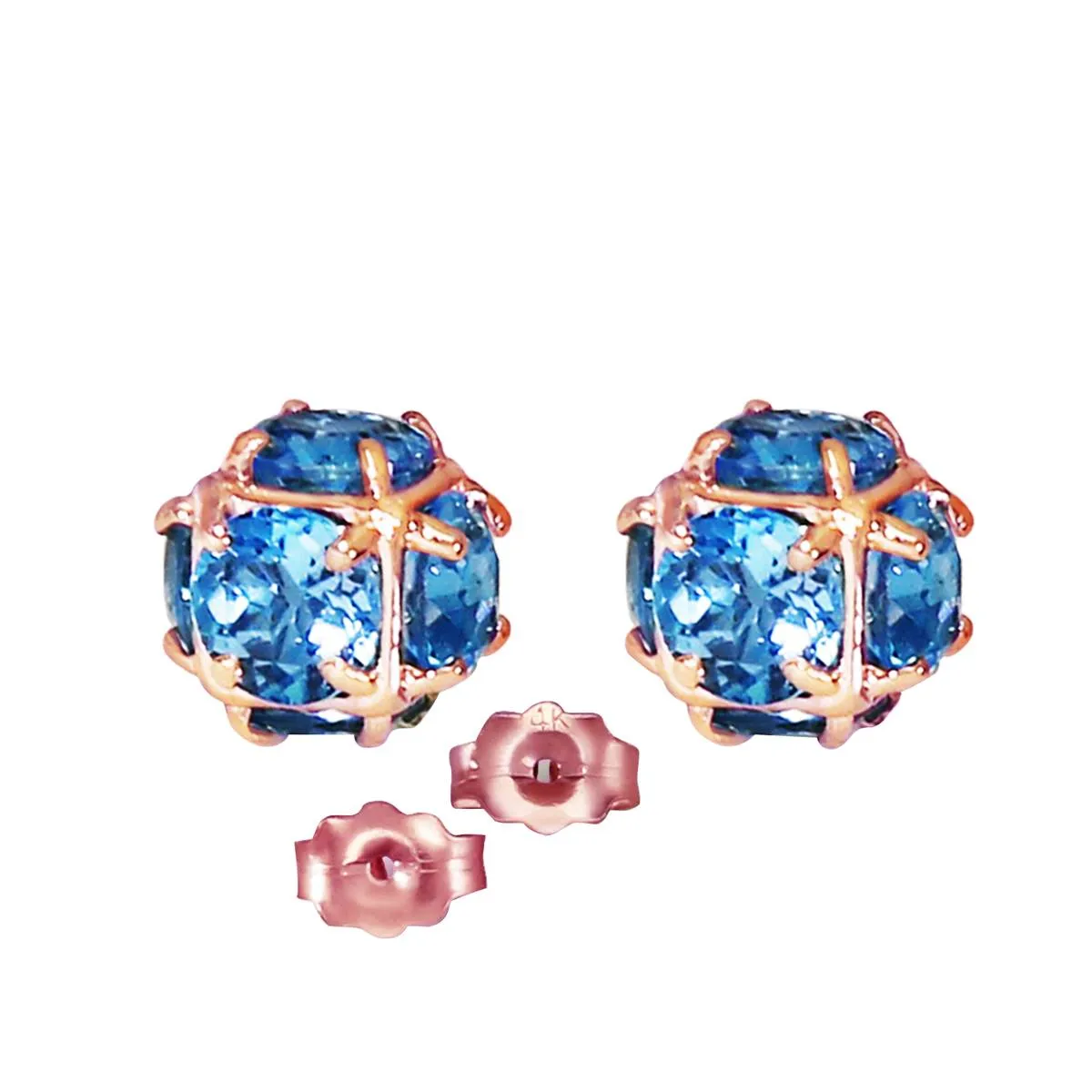 14K Solid Rose Gold Stud Earrings Natural Blue Topaz Certified