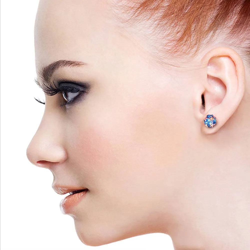 14K Solid Rose Gold Stud Earrings Natural Blue Topaz Certified
