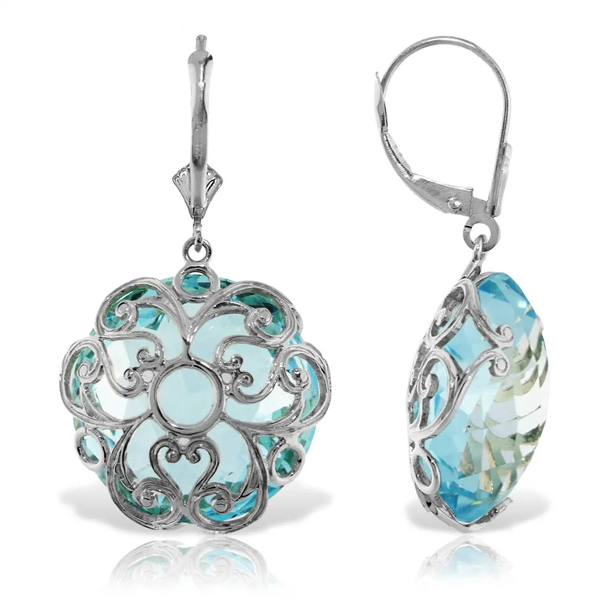 14K Solid White Gold Leverback Earrings Round Blue Topaz