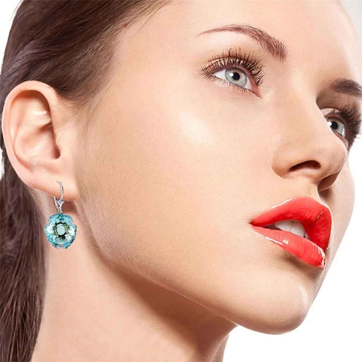 14K Solid White Gold Leverback Earrings Round Blue Topaz