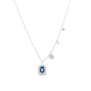 14K White Gold Emerald Cut Blue Sapphire and Diamond Necklace