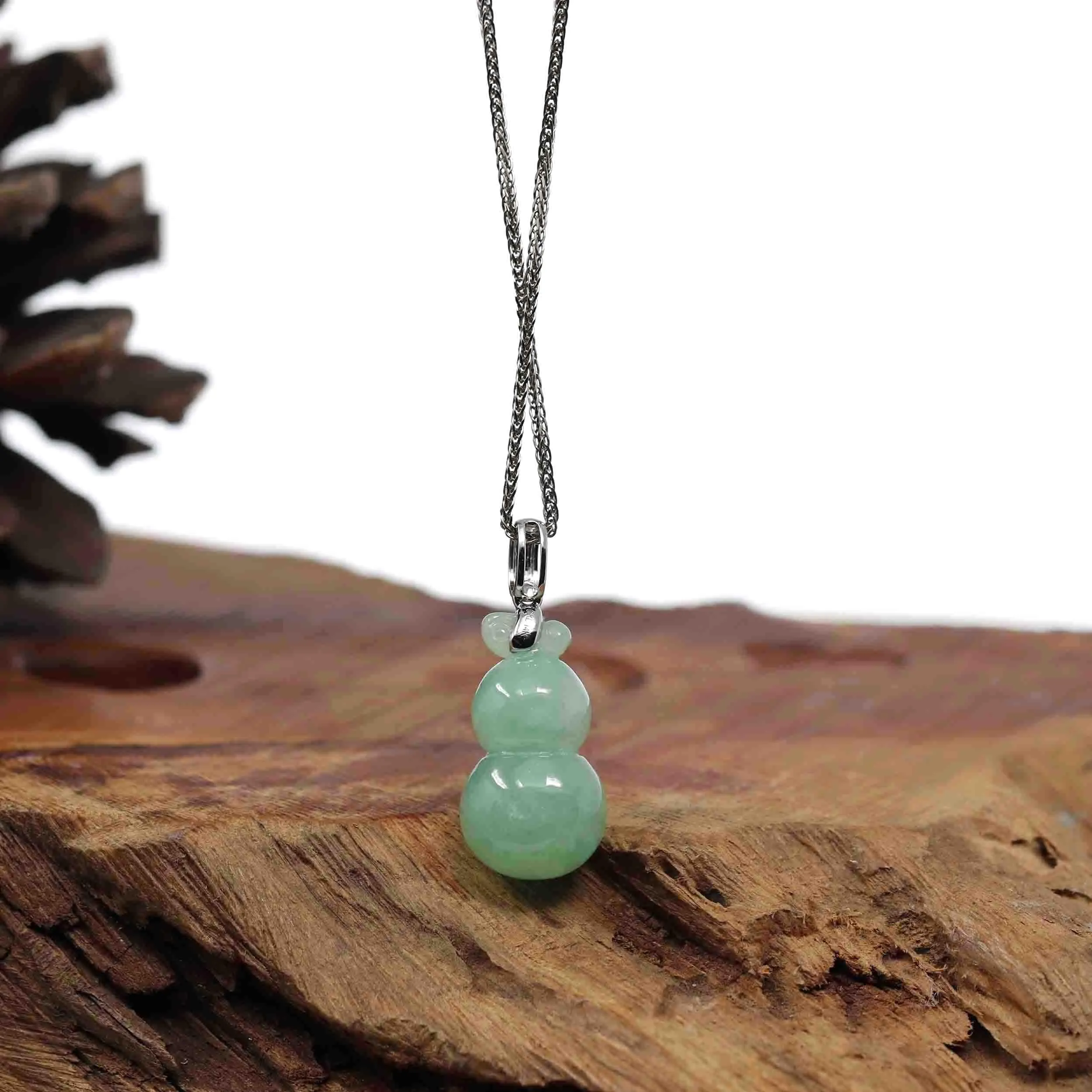 14K White Gold Jadeite Jade Good Luck Hulu Bottle Gourd Necklace