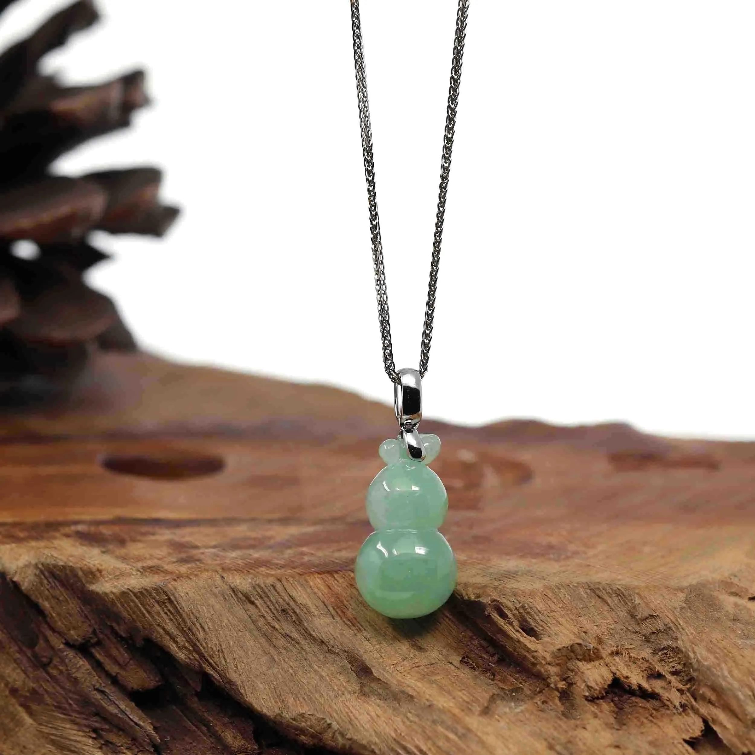 14K White Gold Jadeite Jade Good Luck Hulu Bottle Gourd Necklace