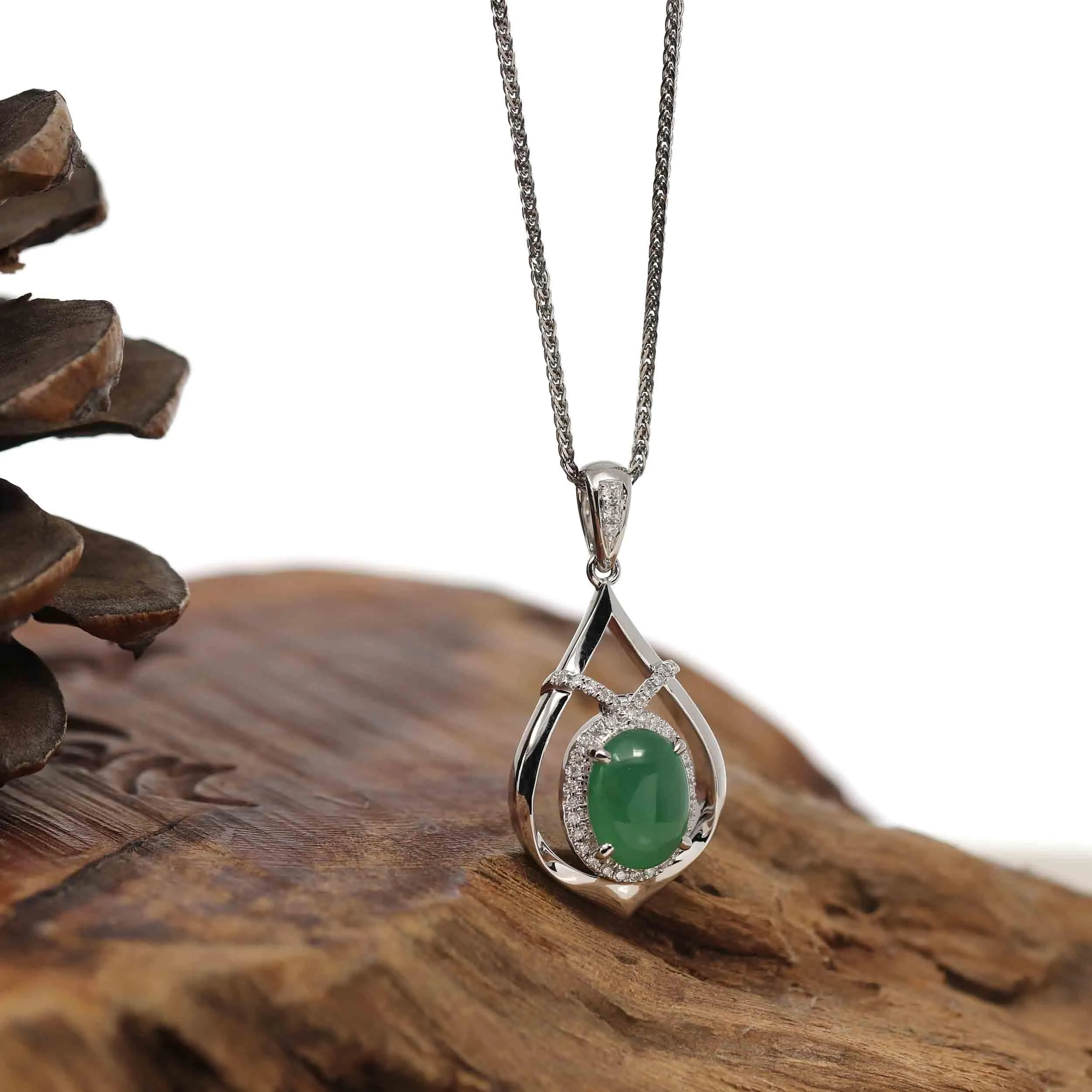 14K White Gold Oval Imperial Jadeite Jade Cabochon Necklace with VS1 Diamonds