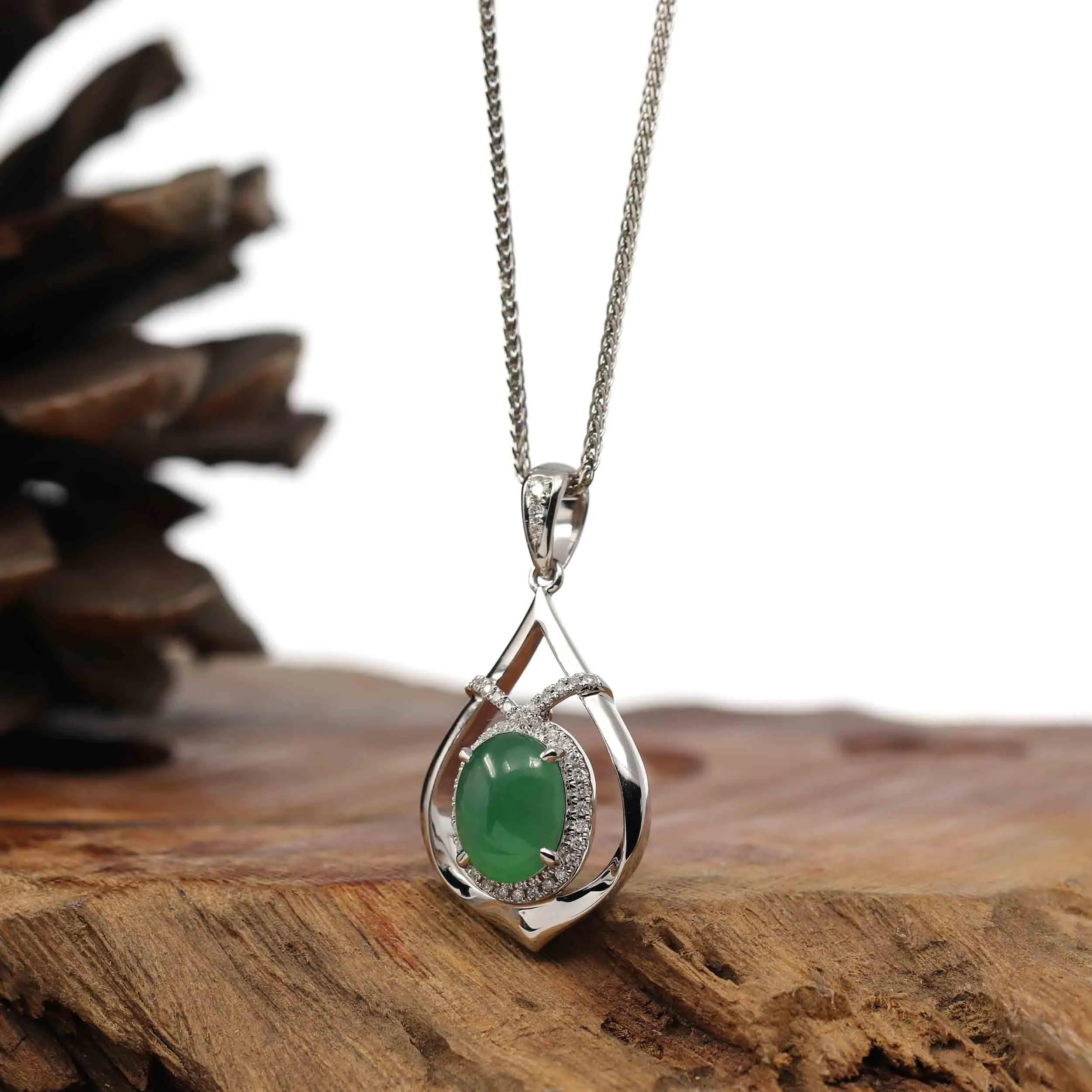 14K White Gold Oval Imperial Jadeite Jade Cabochon Necklace with VS1 Diamonds