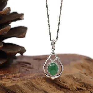 14K White Gold Oval Imperial Jadeite Jade Cabochon Necklace with VS1 Diamonds