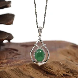 14K White Gold Oval Imperial Jadeite Jade Cabochon Necklace with VS1 Diamonds