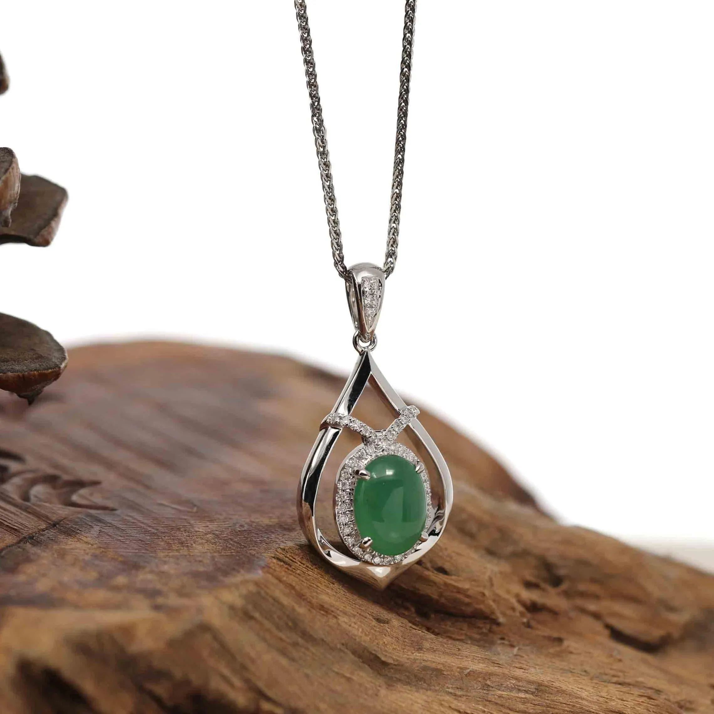 14K White Gold Oval Imperial Jadeite Jade Cabochon Necklace with VS1 Diamonds