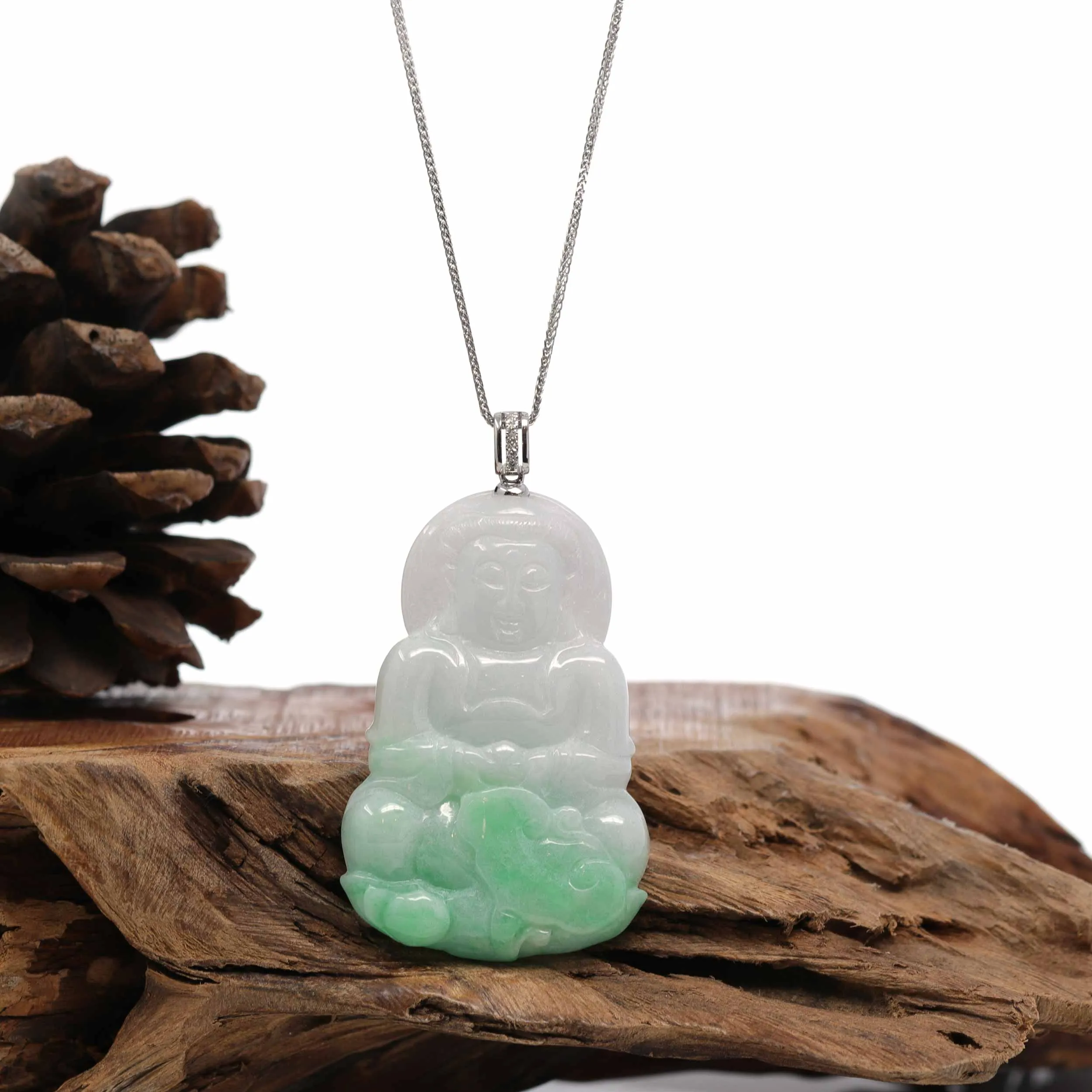 14k White Gold "Goddess of Compassion" Genuine Green Jadeite Jade Guanyin Necklace With Gold Diamond Bail