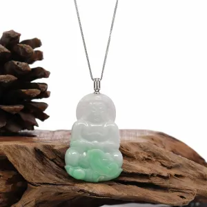 14k White Gold "Goddess of Compassion" Genuine Green Jadeite Jade Guanyin Necklace With Gold Diamond Bail
