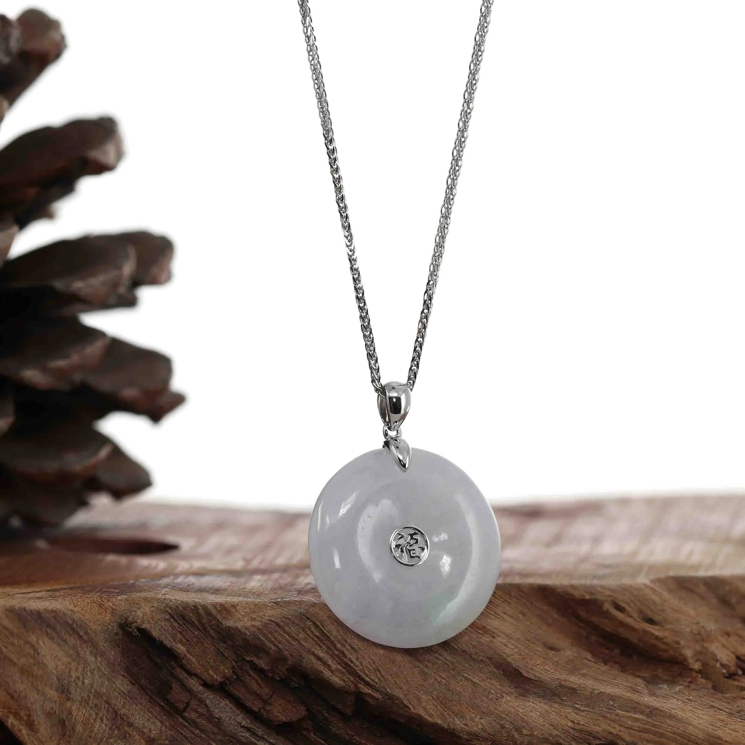 14k White Gold "Good Luck Button" Necklace Lavender Ice Jadeite Jade Lucky KouKou Pendant Necklace
