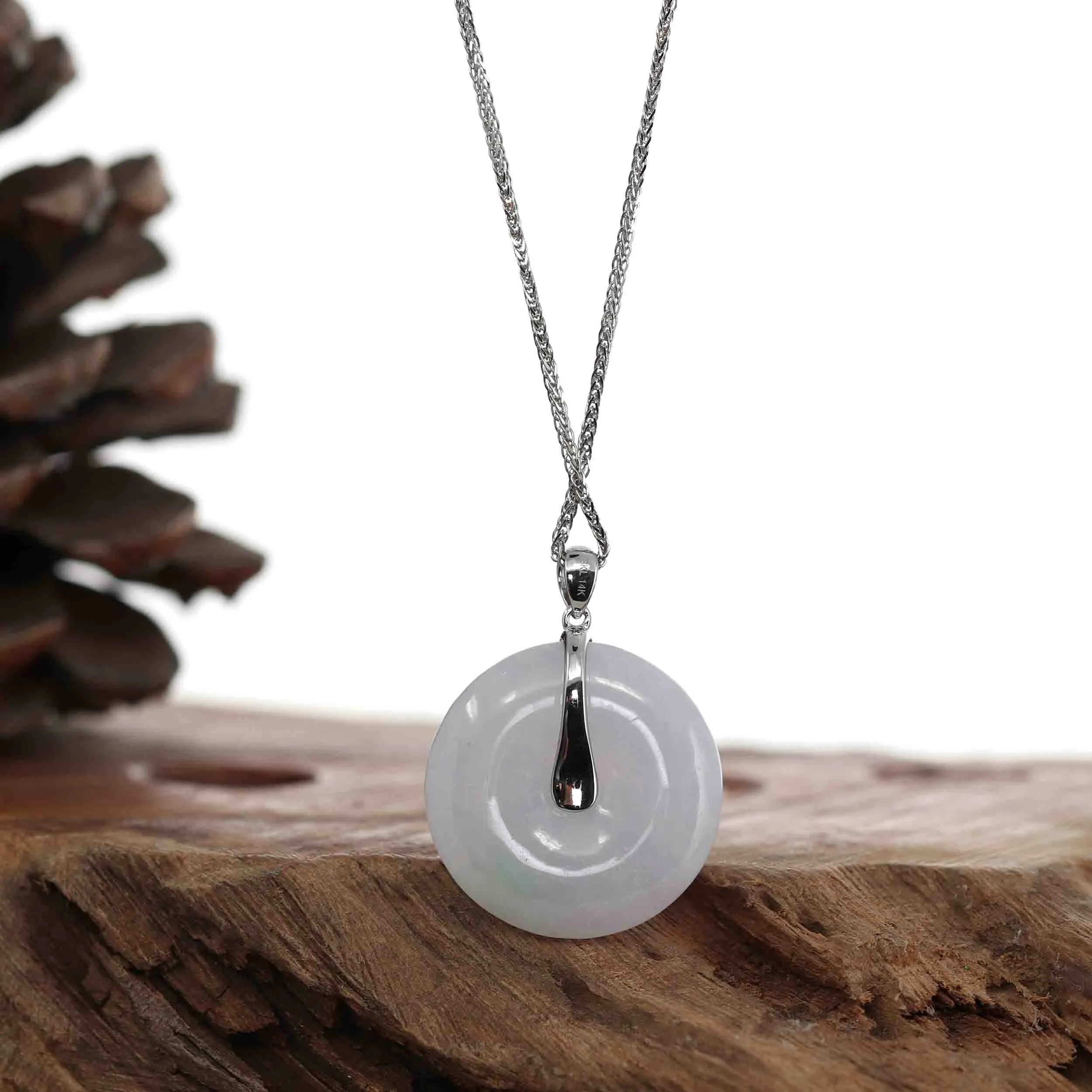 14k White Gold "Good Luck Button" Necklace Lavender Ice Jadeite Jade Lucky KouKou Pendant Necklace