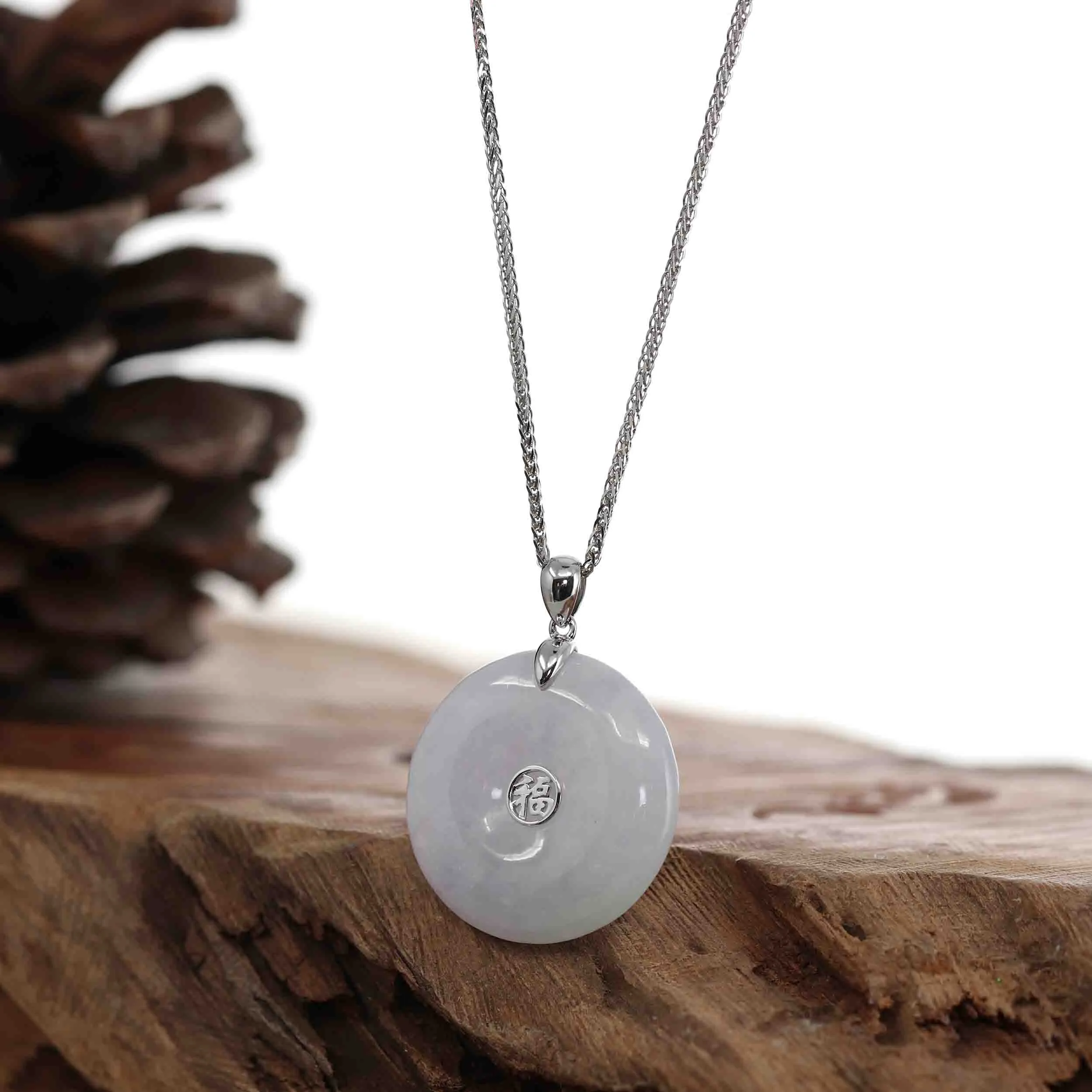 14k White Gold "Good Luck Button" Necklace Lavender Ice Jadeite Jade Lucky KouKou Pendant Necklace