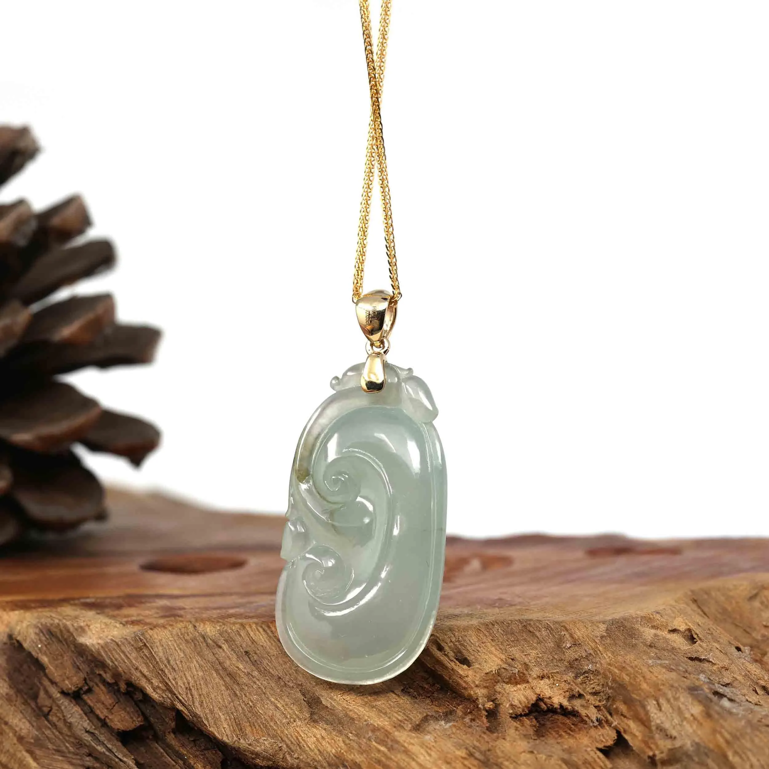 14k Yellow Gold Genuine Burmese Ice Jadeite Ruyi Pendant Necklace