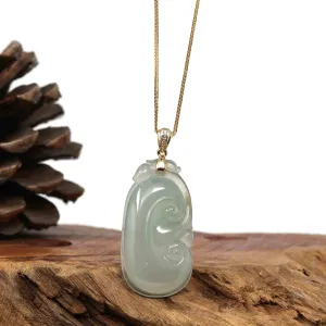 14k Yellow Gold Genuine Burmese Ice Jadeite Ruyi Pendant Necklace