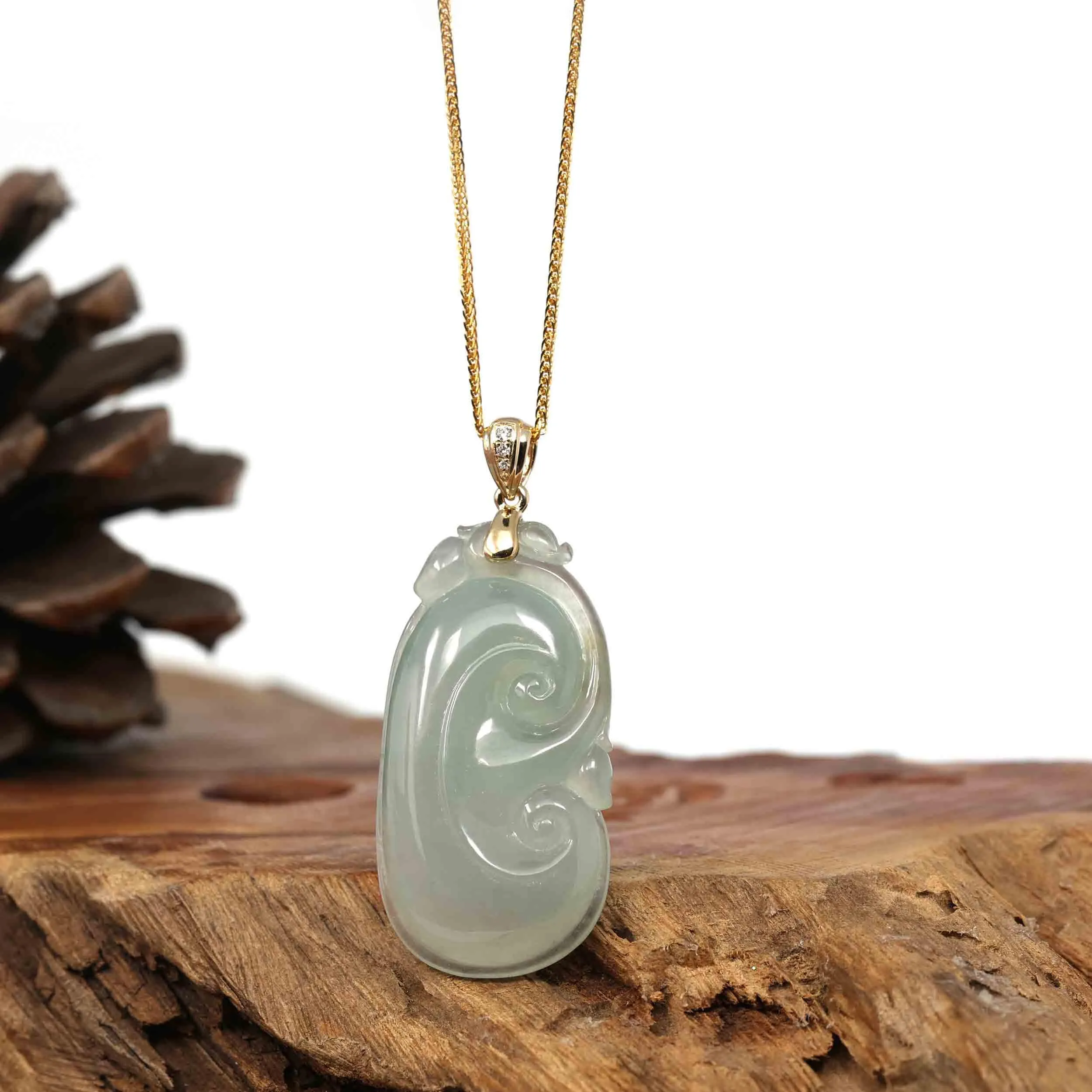 14k Yellow Gold Genuine Burmese Ice Jadeite Ruyi Pendant Necklace