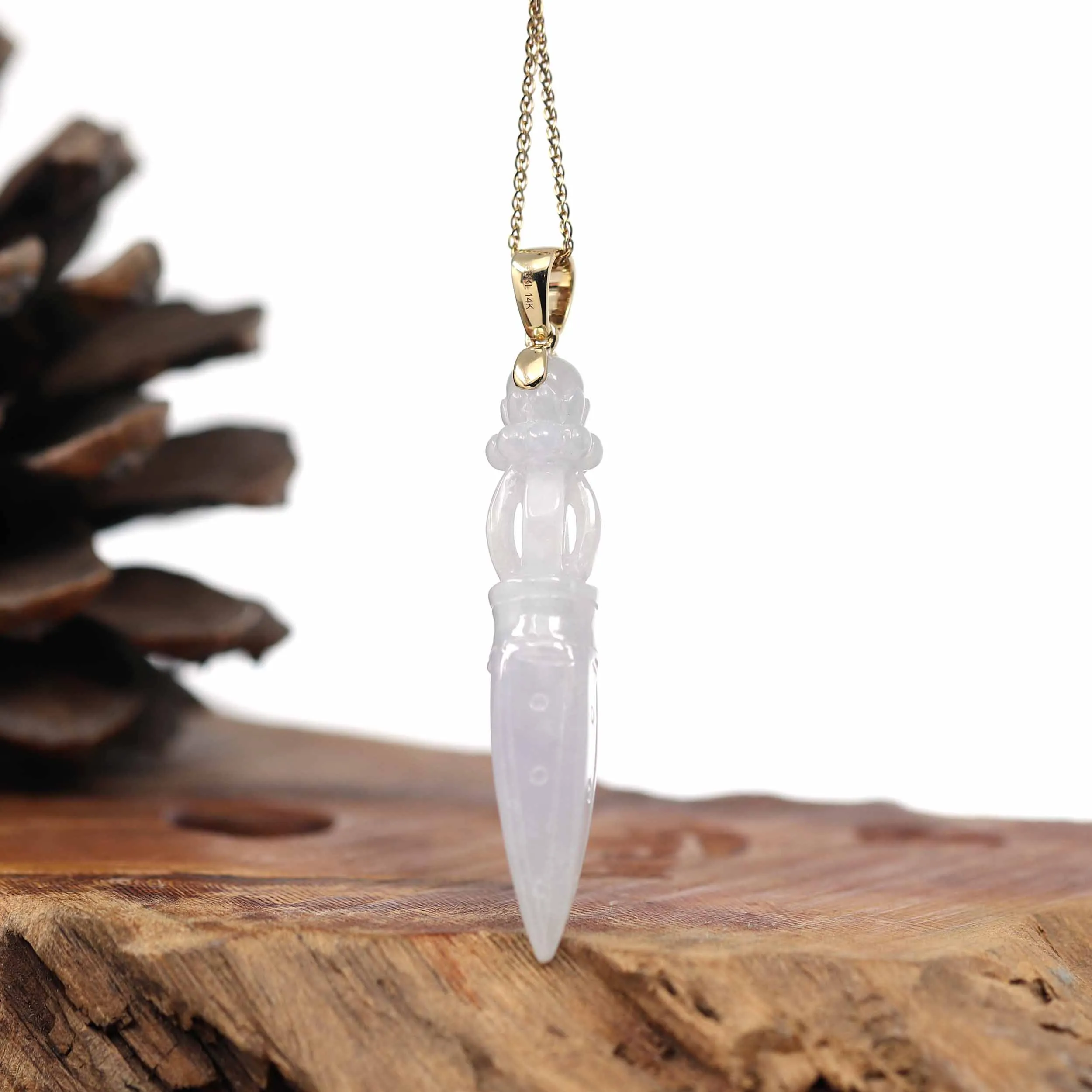 14k Yellow Gold " Tibetan Vajra" Natural Burmese Lavender Jadeite Jade Necklace