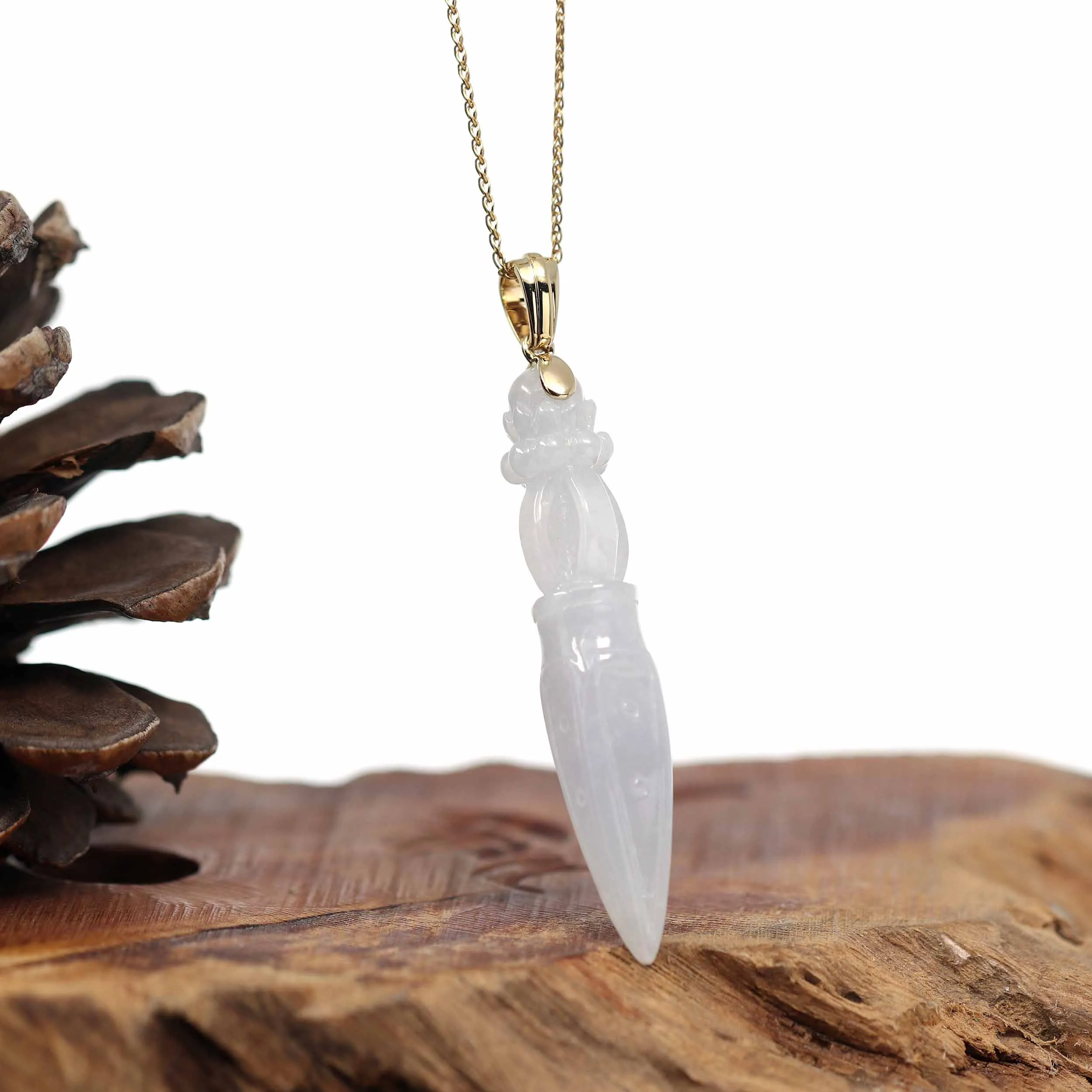 14k Yellow Gold " Tibetan Vajra" Natural Burmese Lavender Jadeite Jade Necklace