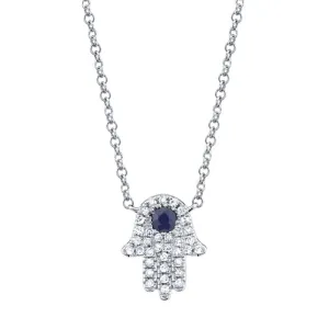 14KT GOLD 0.08 CTW SAPPHIRE & DIAMOND HAMSA NECKLACE