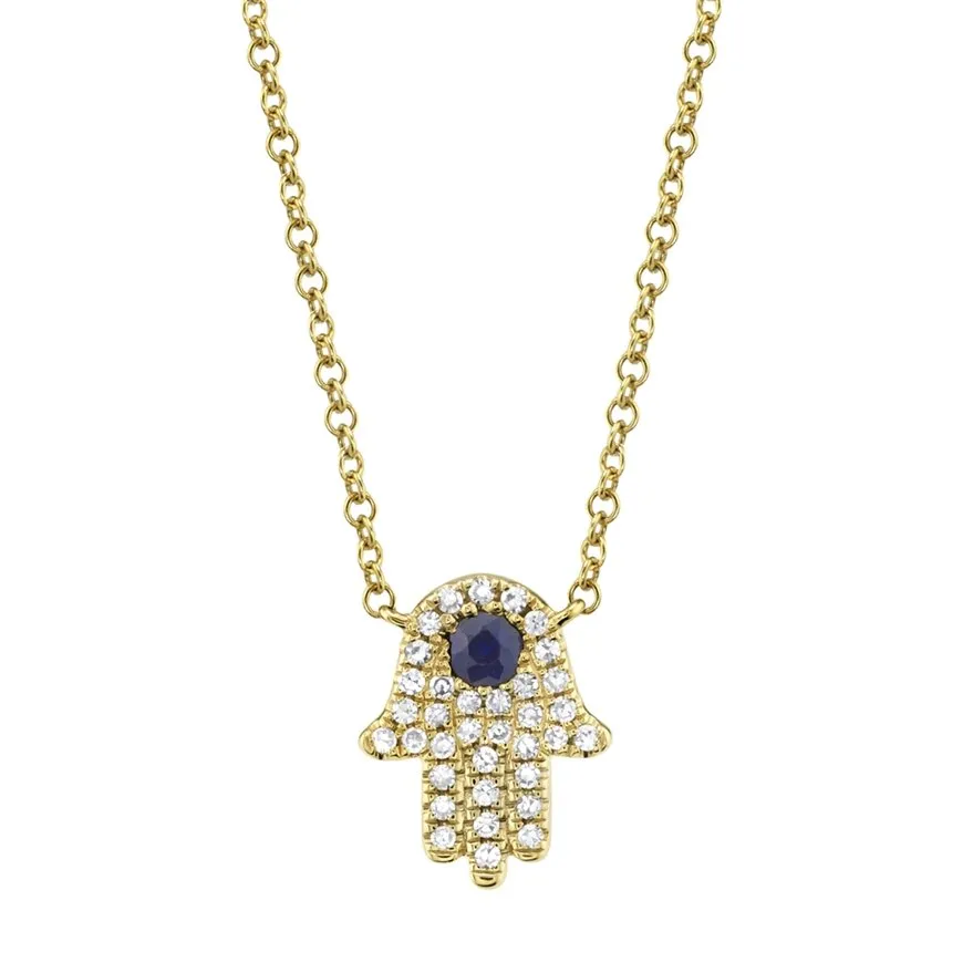 14KT GOLD 0.08 CTW SAPPHIRE & DIAMOND HAMSA NECKLACE