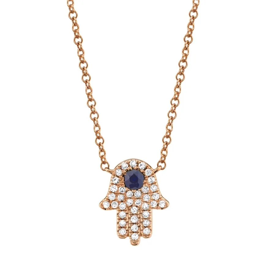 14KT GOLD 0.08 CTW SAPPHIRE & DIAMOND HAMSA NECKLACE