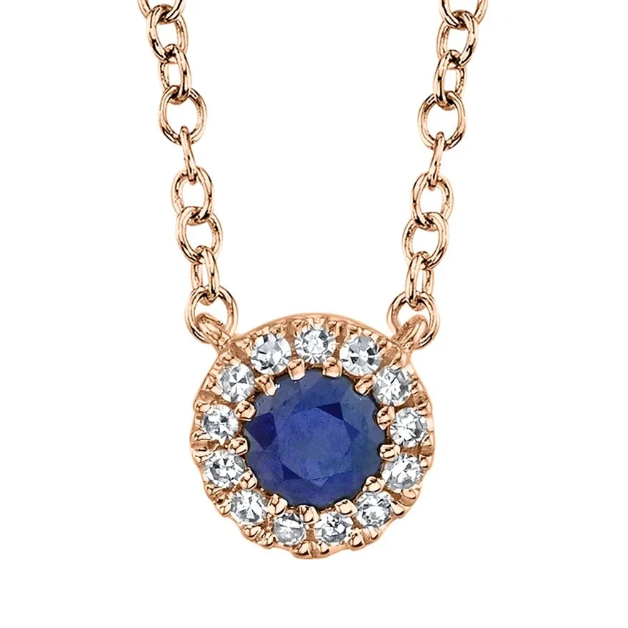 14KT GOLD 0.14 CT SAPPHIRE & .04 CTW DIAMOND HALO NECKLACE