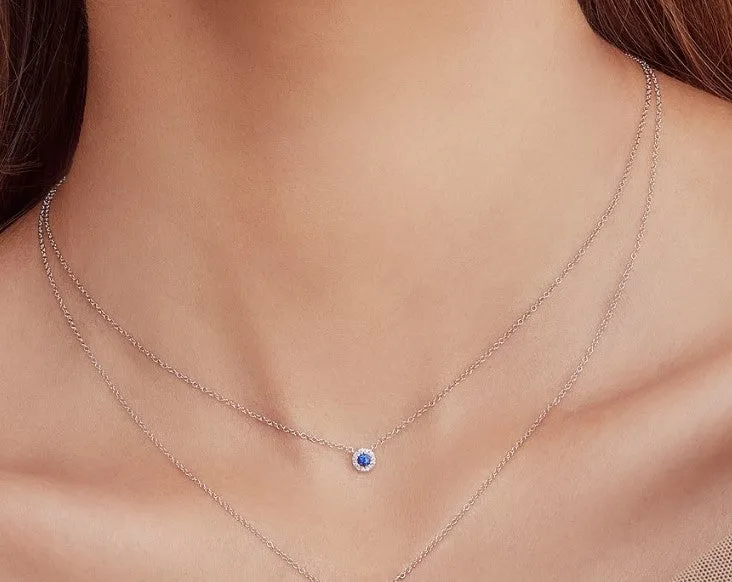14KT GOLD 0.14 CT SAPPHIRE & .04 CTW DIAMOND HALO NECKLACE