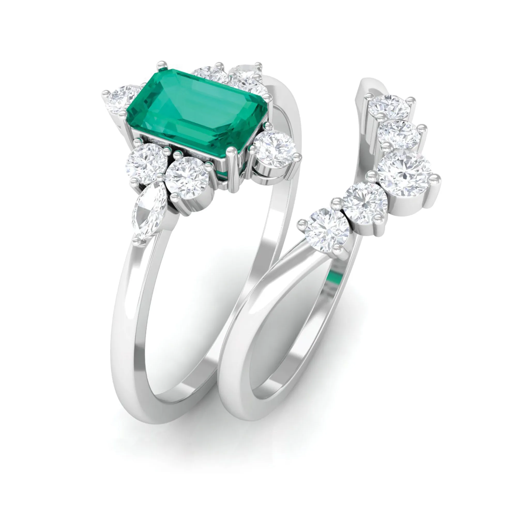 1.5 CT Certified Emerald and Diamond Designer Wedding Ring Set