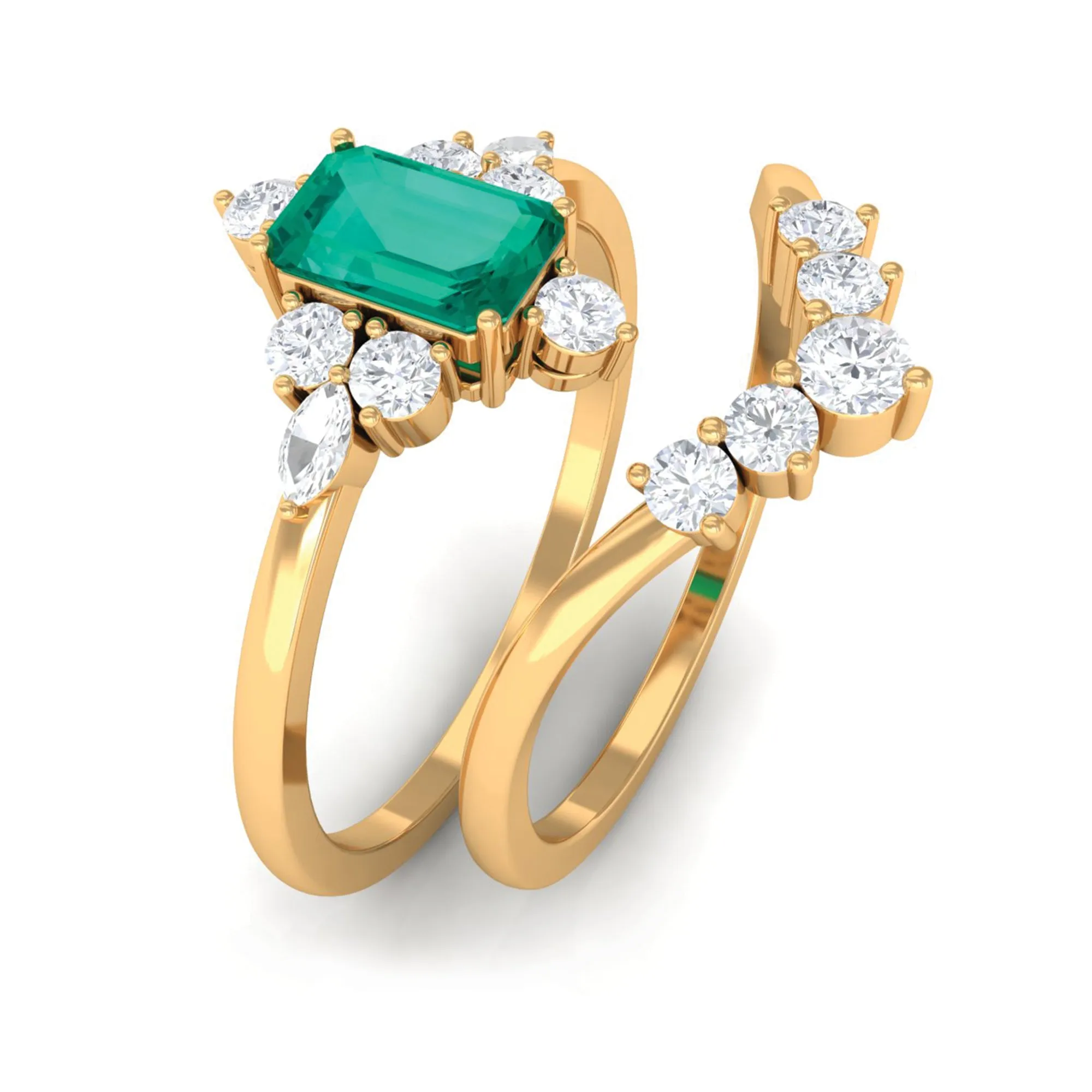 1.5 CT Certified Emerald and Diamond Designer Wedding Ring Set