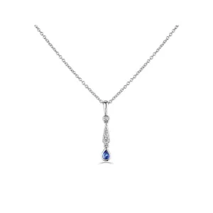 18ct White Gold 0.18ct Blue Sapphire And 0.10ct Diamond Drop Necklace