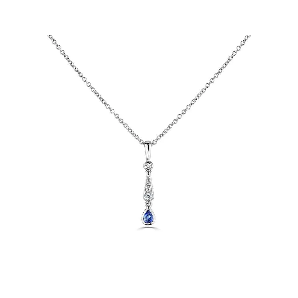 18ct White Gold 0.18ct Blue Sapphire And 0.10ct Diamond Drop Necklace