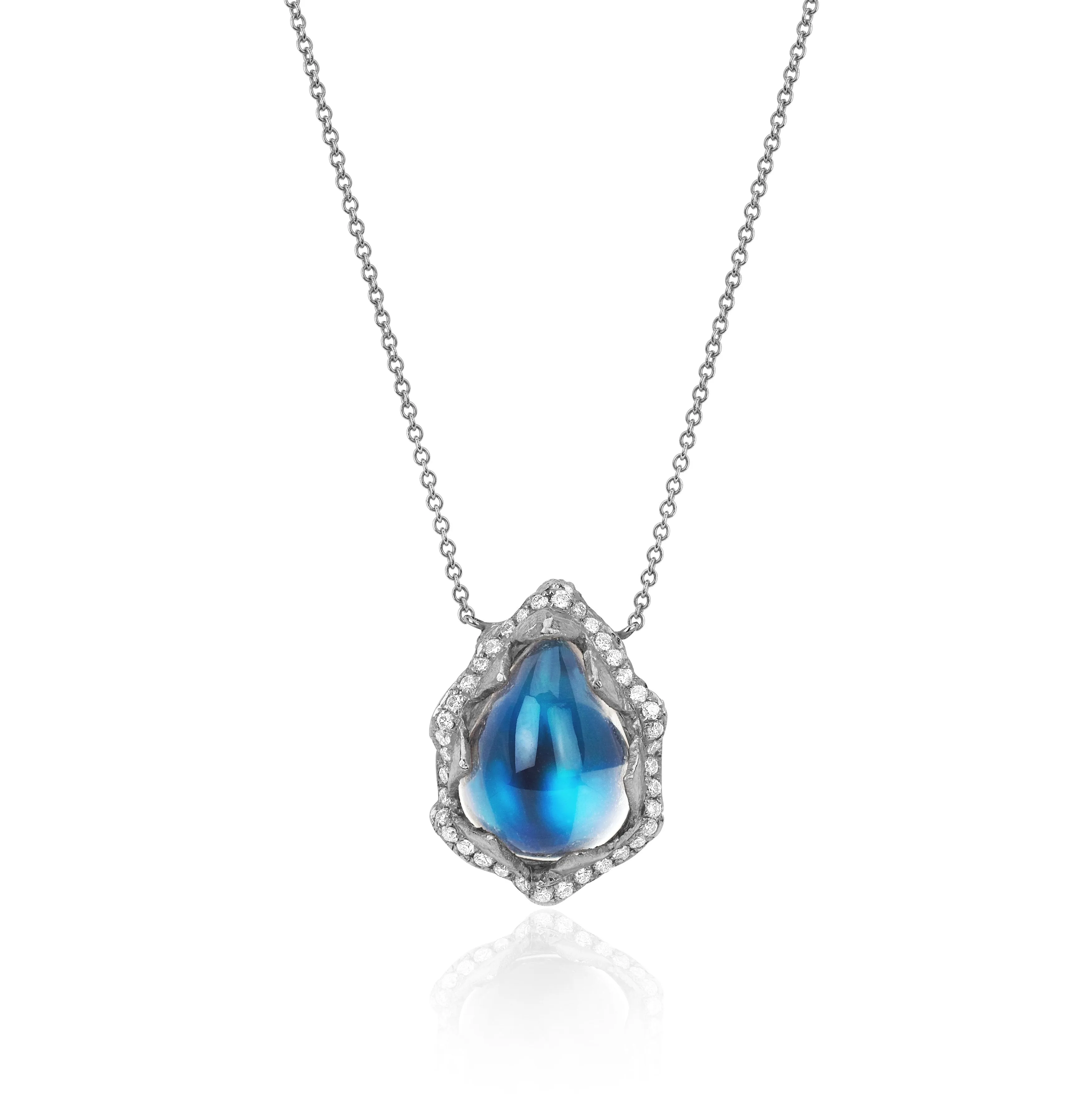 18k Queen Water Drop Blue Sheen Moonstone Necklace with Full Pavé Halo | Ready to Ship