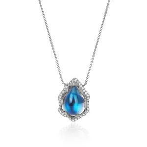 18k Queen Water Drop Blue Sheen Moonstone Necklace with Full Pavé Halo | Ready to Ship