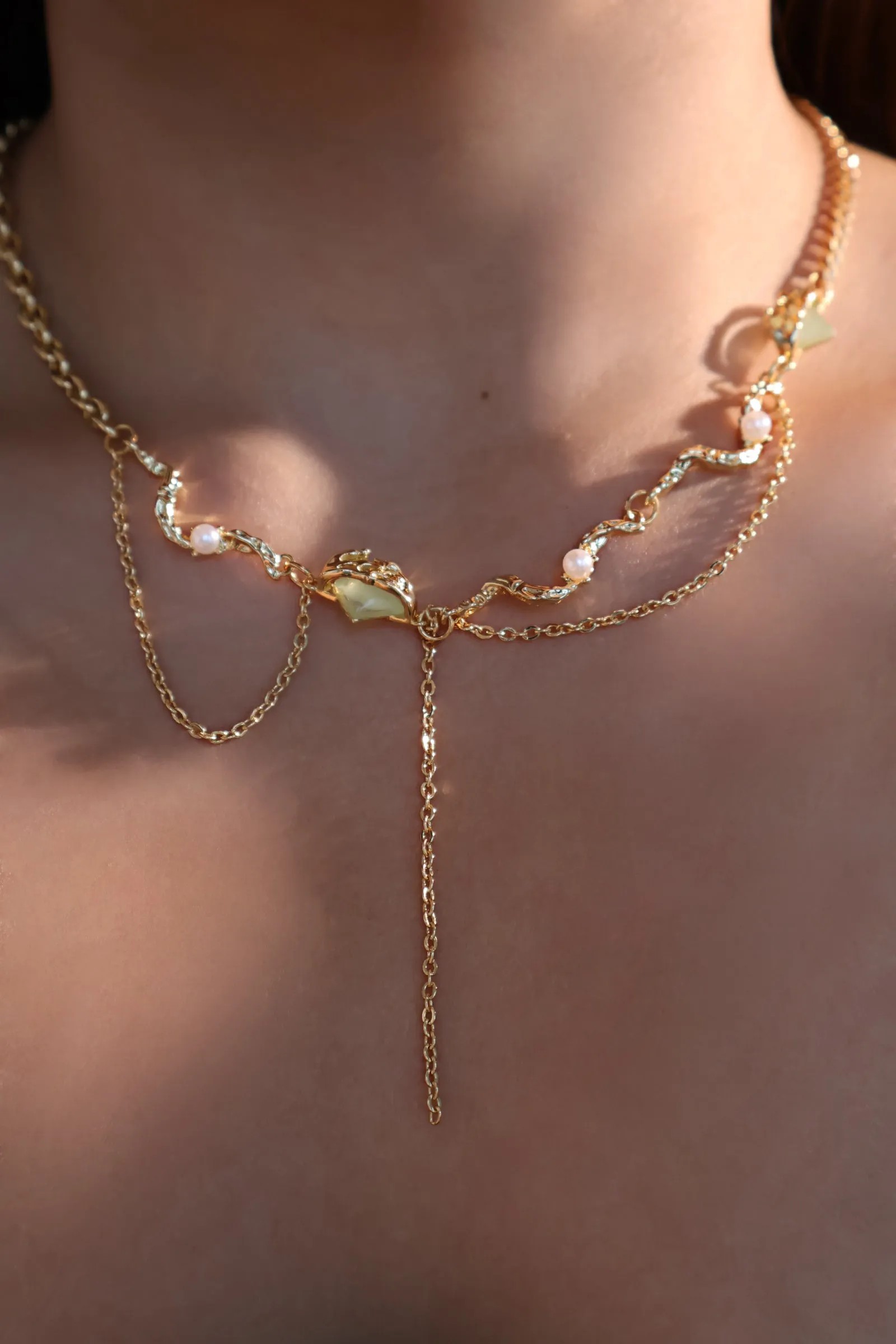 18K Real Gold Plated Jade Pearls Chain Necklace (Pre-order)