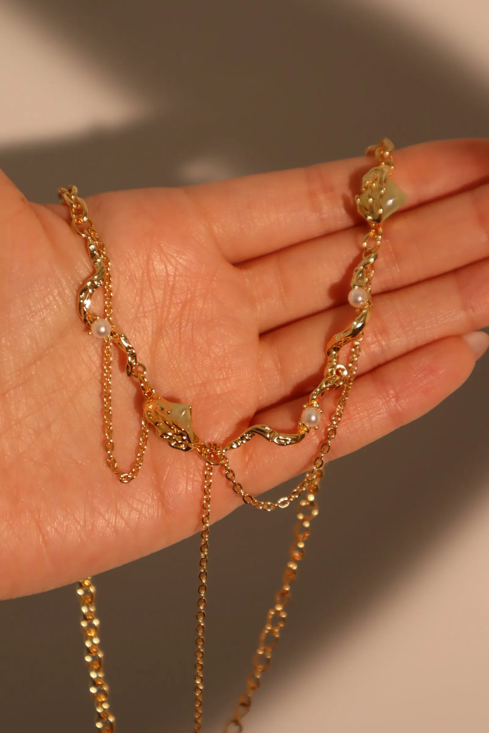 18K Real Gold Plated Jade Pearls Chain Necklace (Pre-order)
