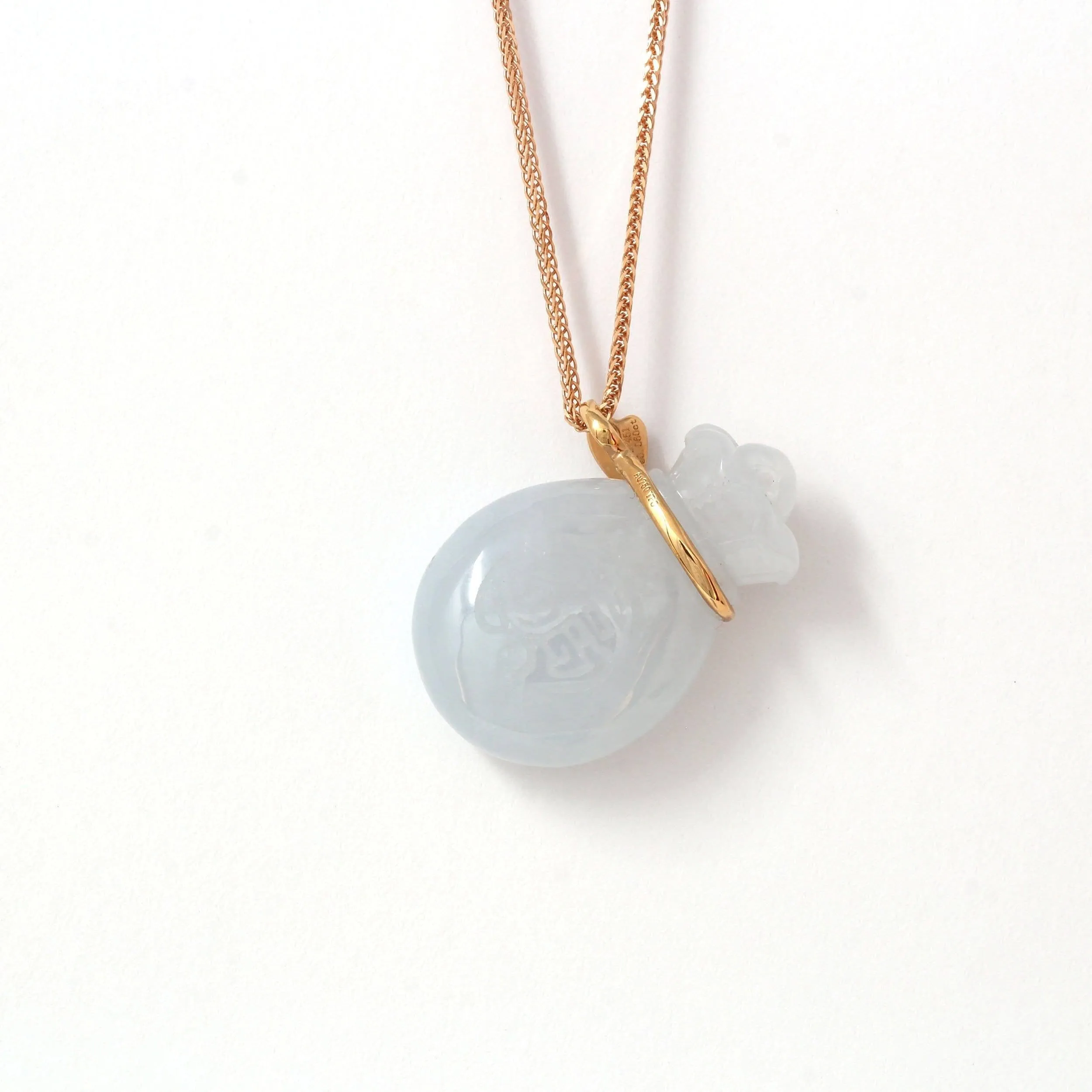18k Rose Gold Genuine Burmese Jadeite Money Bag Pendant Necklace