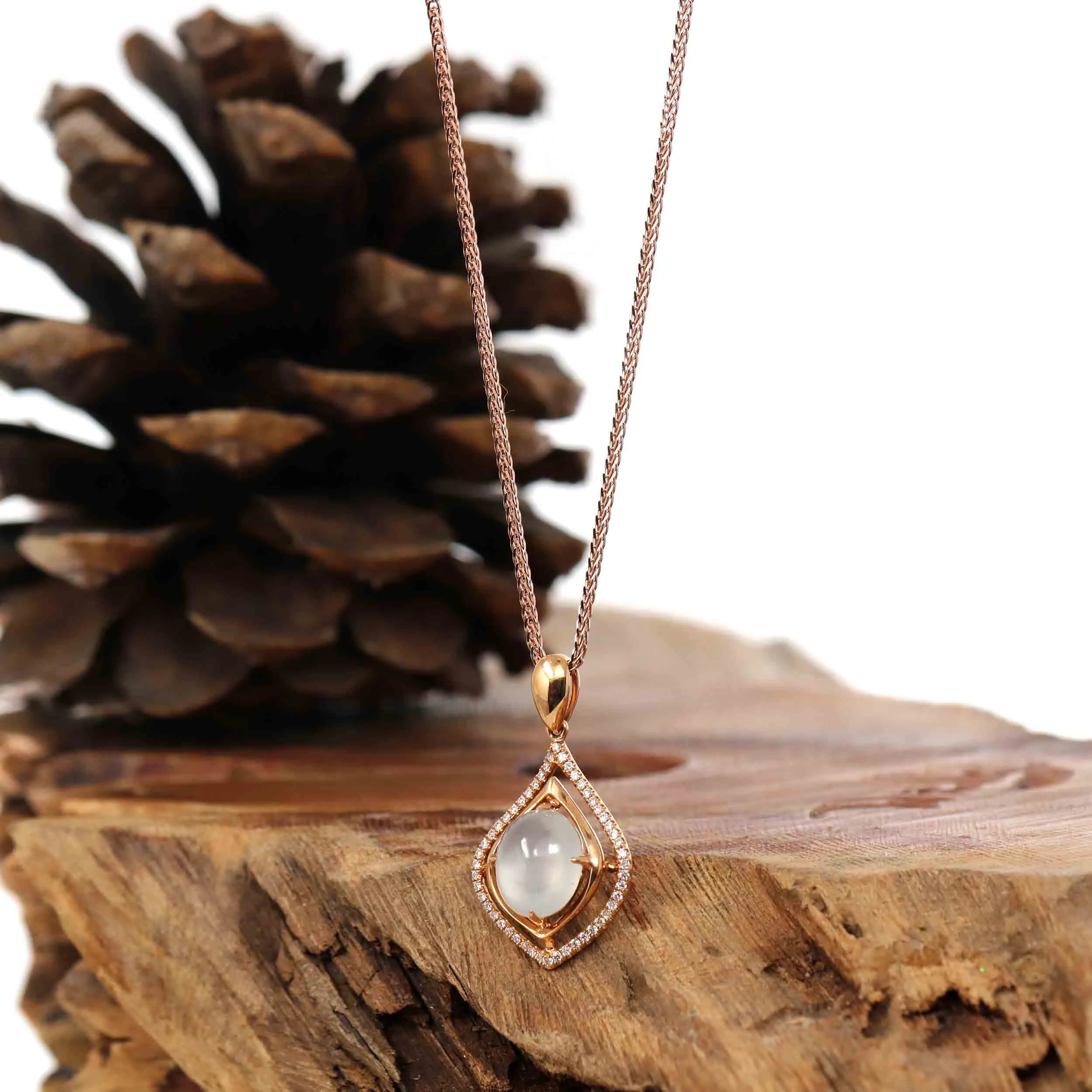 18K Rose Gold Ice Jadeite Jade Necklace with Diamonds