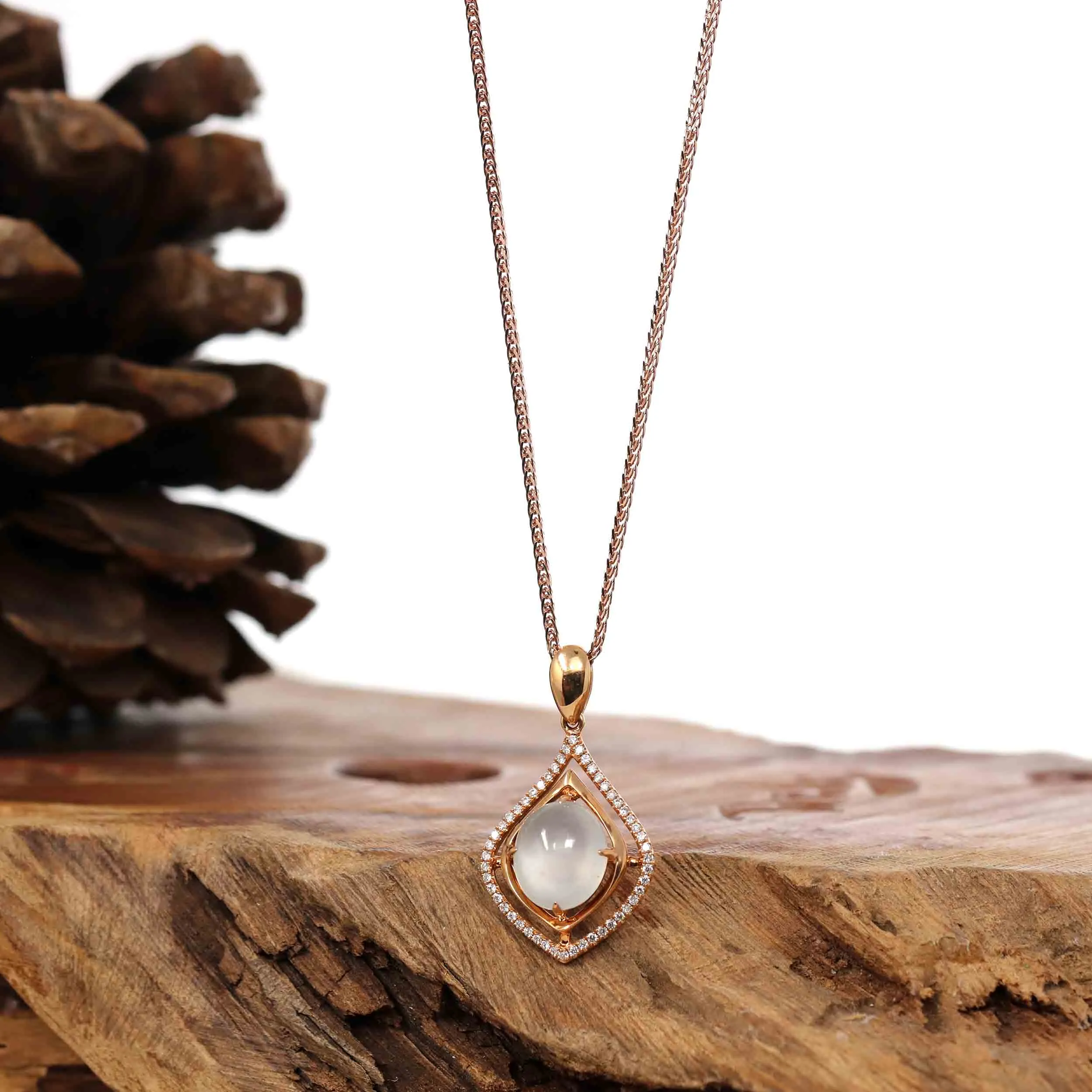 18K Rose Gold Ice Jadeite Jade Necklace with Diamonds