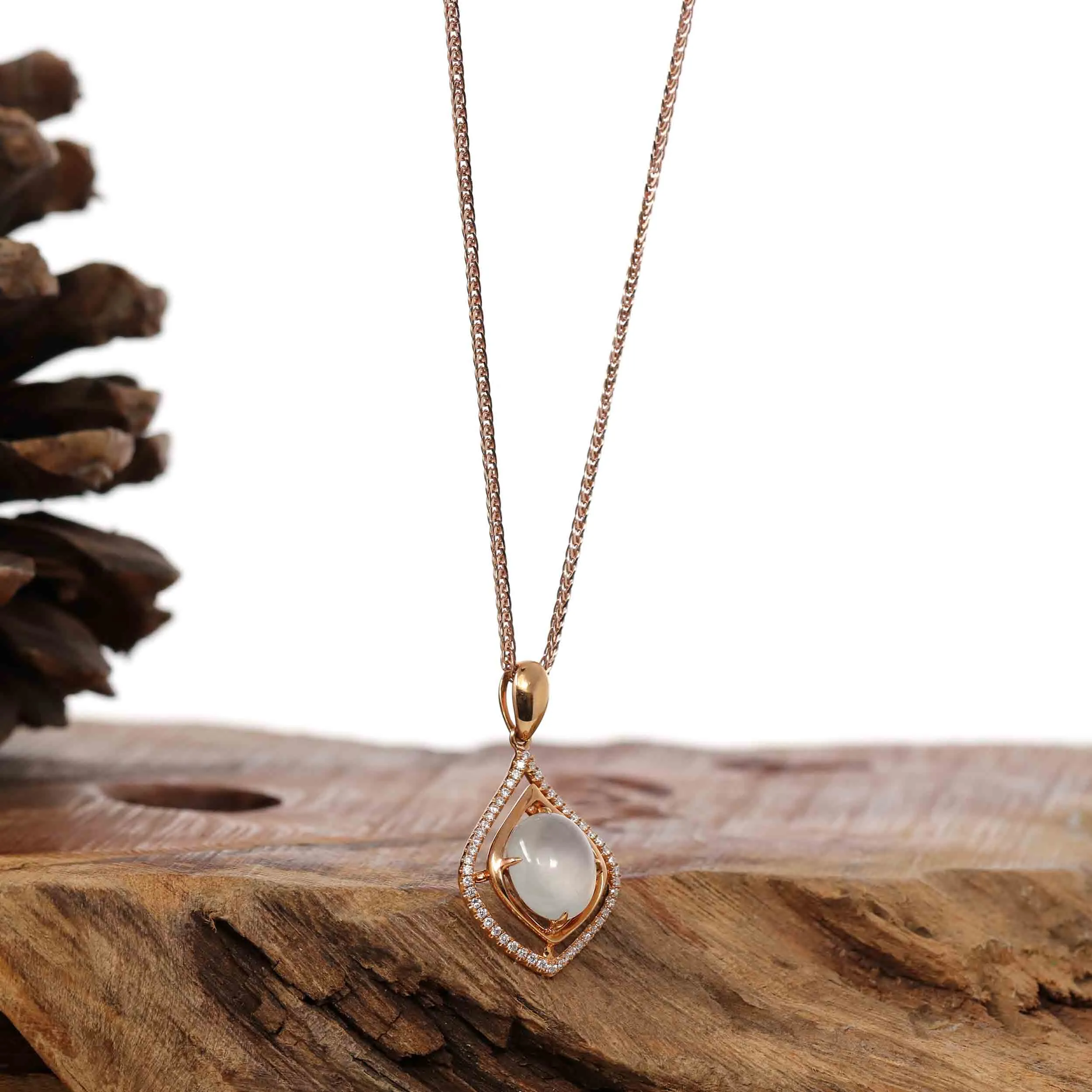 18K Rose Gold Ice Jadeite Jade Necklace with Diamonds