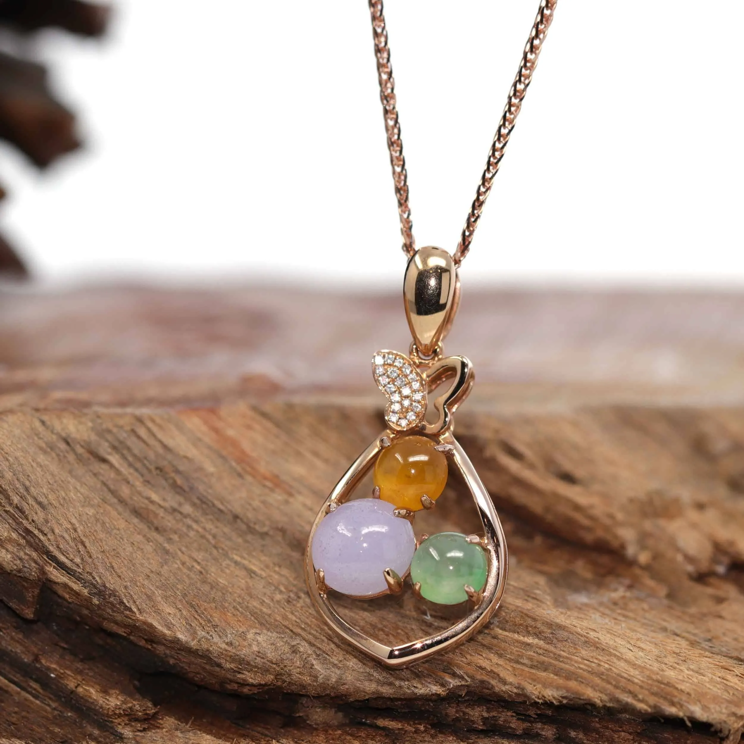 18K Rose Gold "Lucky Goodie Sack" Multi-Color Jadeite Jade Cabochon Necklace with Diamonds