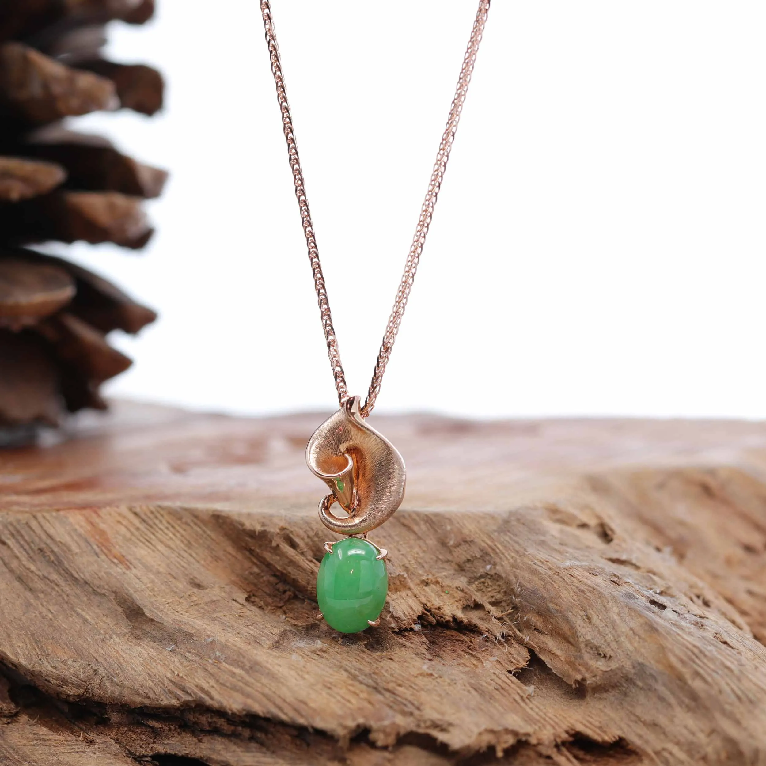 18K Rose Gold "Morning Glory" Imperial Jadeite Jade Cabochon Necklace with Diamonds
