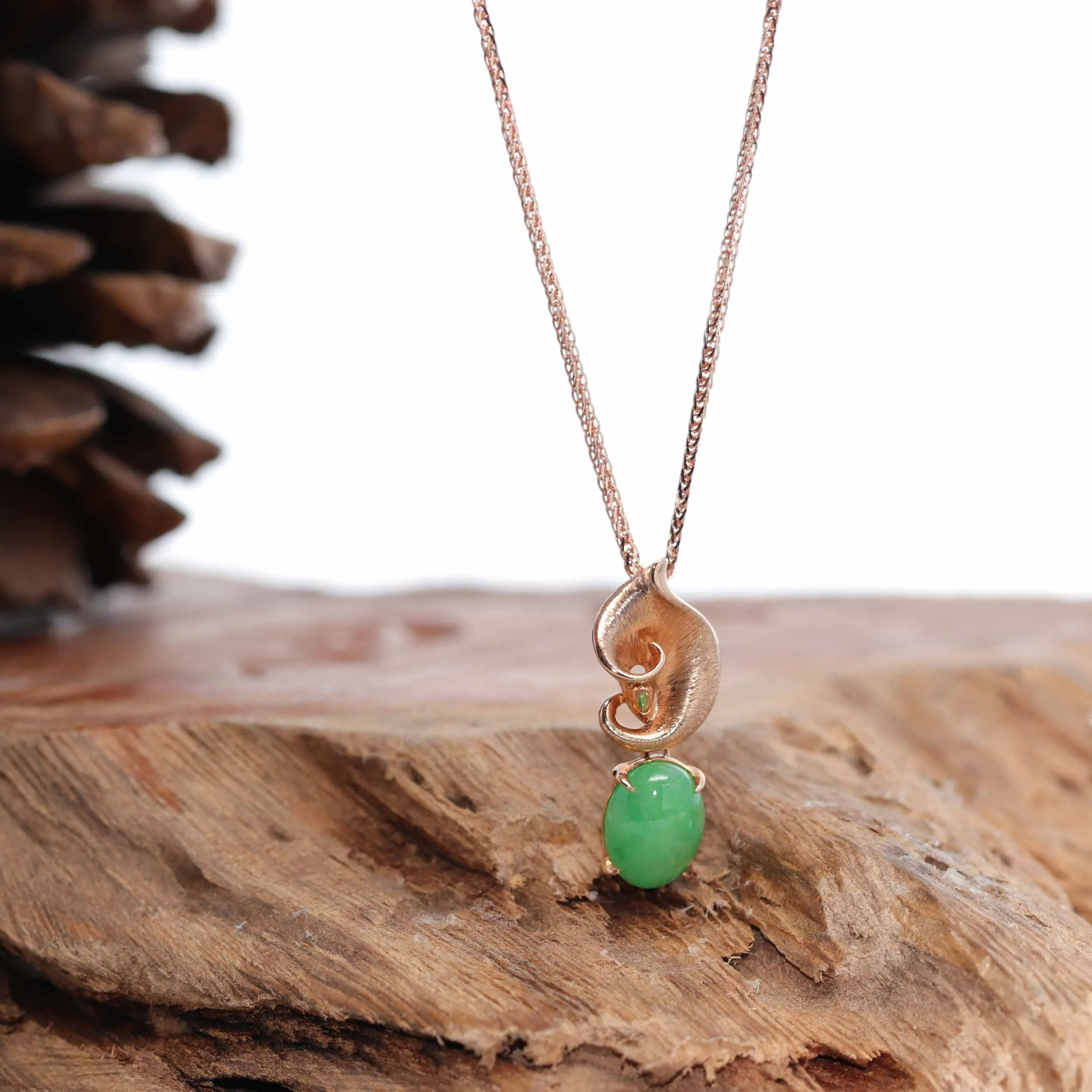 18K Rose Gold "Morning Glory" Imperial Jadeite Jade Cabochon Necklace with Diamonds