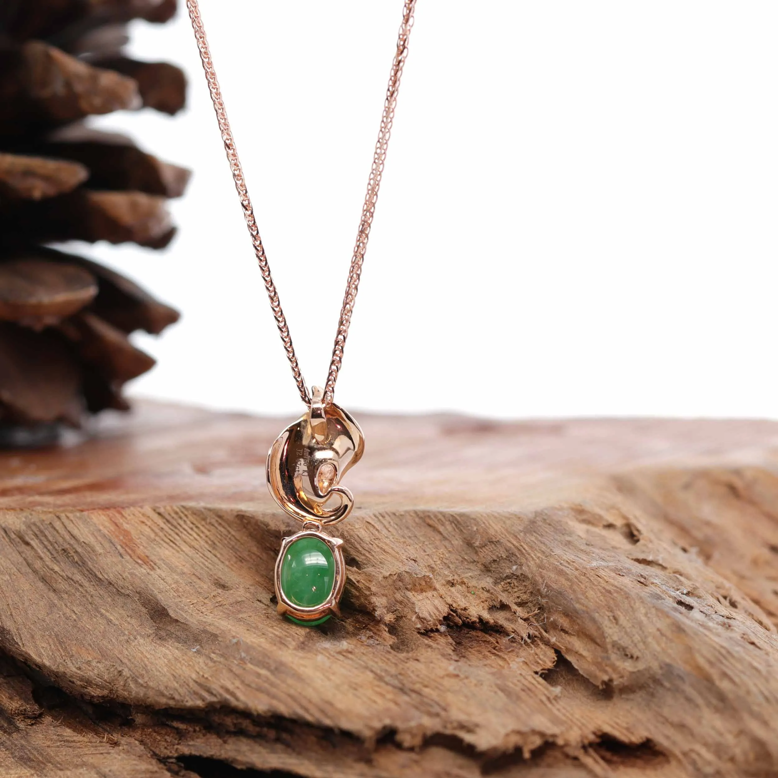 18K Rose Gold "Morning Glory" Imperial Jadeite Jade Cabochon Necklace with Diamonds