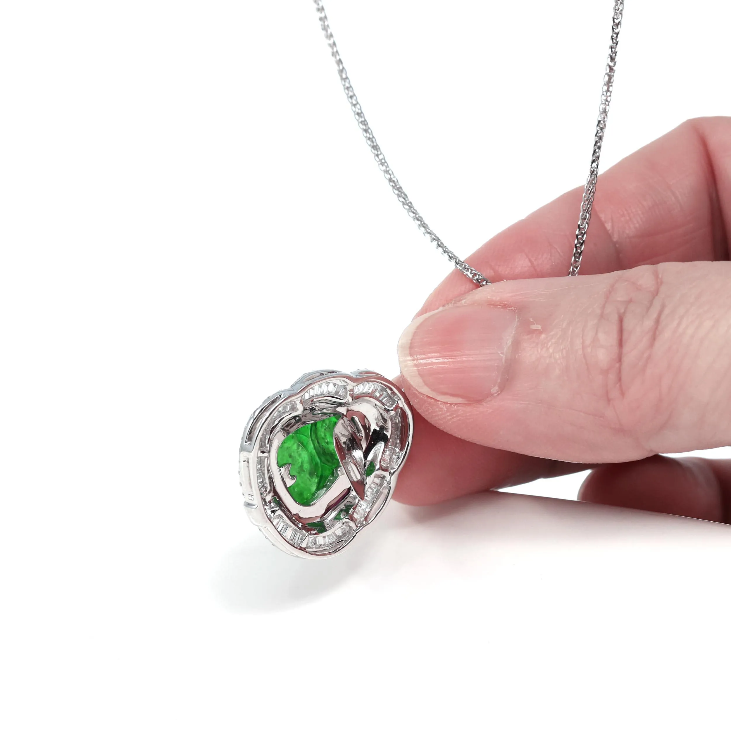 18K White Gold High-End Imperial Jadeite Jade Buddha Necklace with Diamonds
