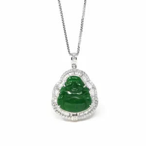 18K White Gold High-End Imperial Jadeite Jade Buddha Necklace with Diamonds
